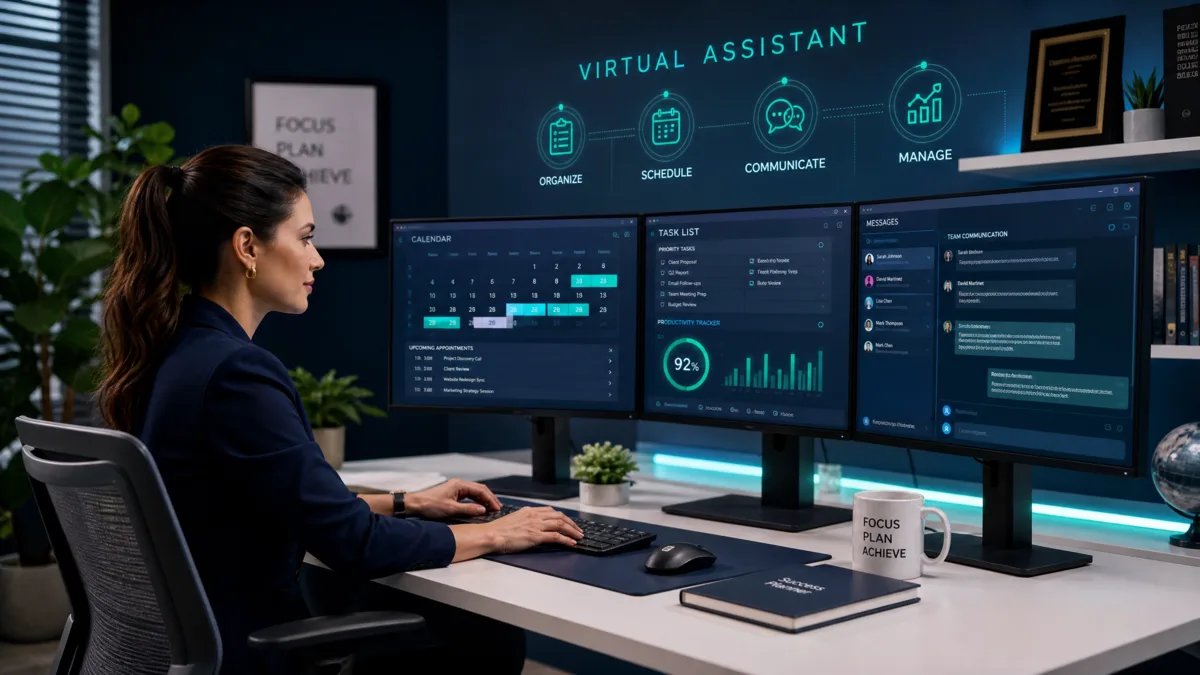 Virtual assistant managing calendar, tasks and team communication across multiple screens